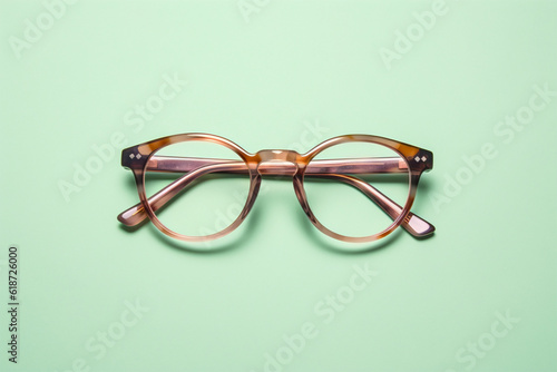 Top view of eyeglasses on pastel green background