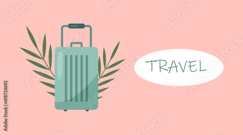 Banner for travel agencies, tour operators, travel business.
Blue suitcase, in palm leaves, on a pink background, and the inscription "Travel".
Flat vector illustration eps 10.
