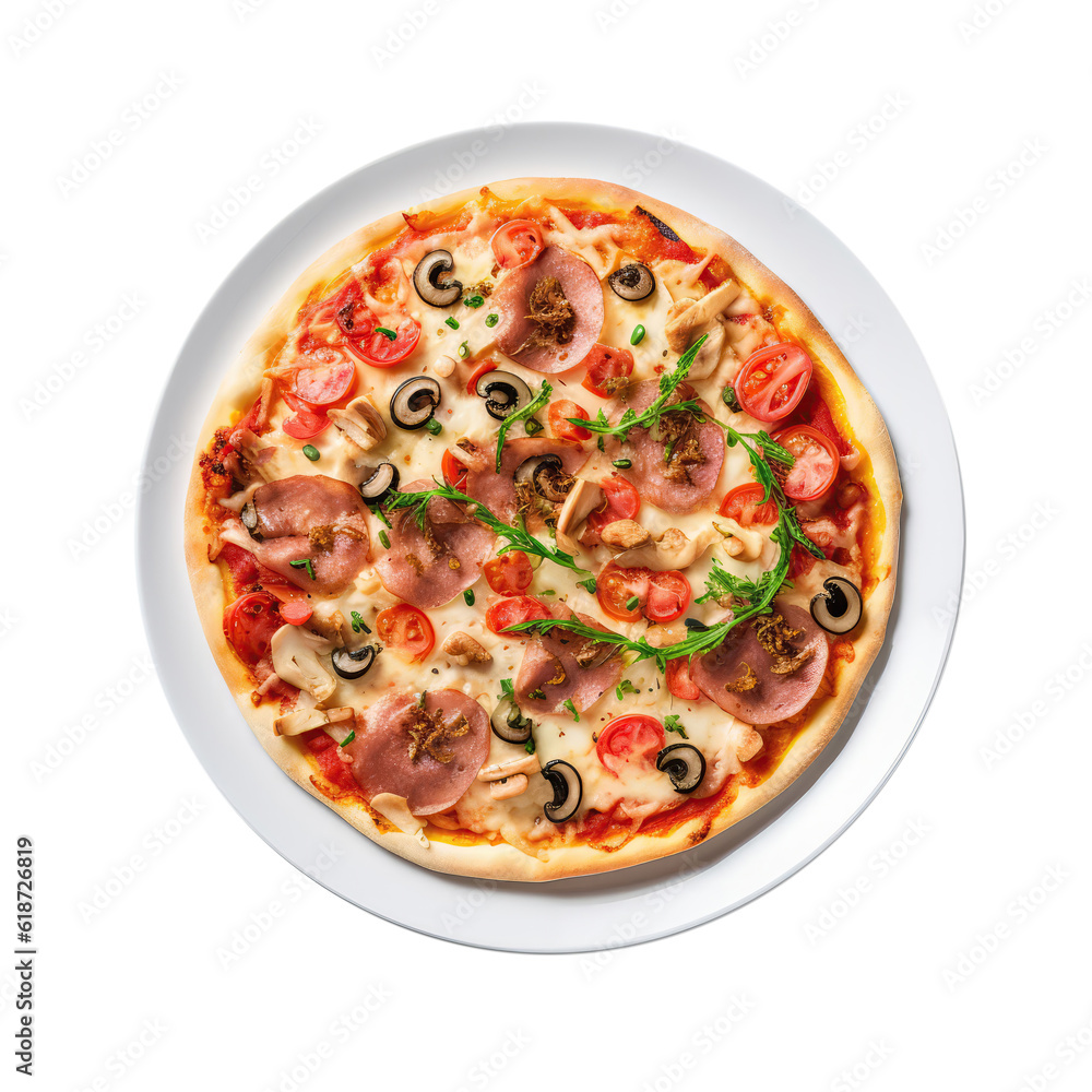 Capricciosa Pizza On White Plate On Isolated Transparent Background, Png. Generative AI Capricciosa Pizza On White Plate On Isolated Transparent Background, Png. Generative AI