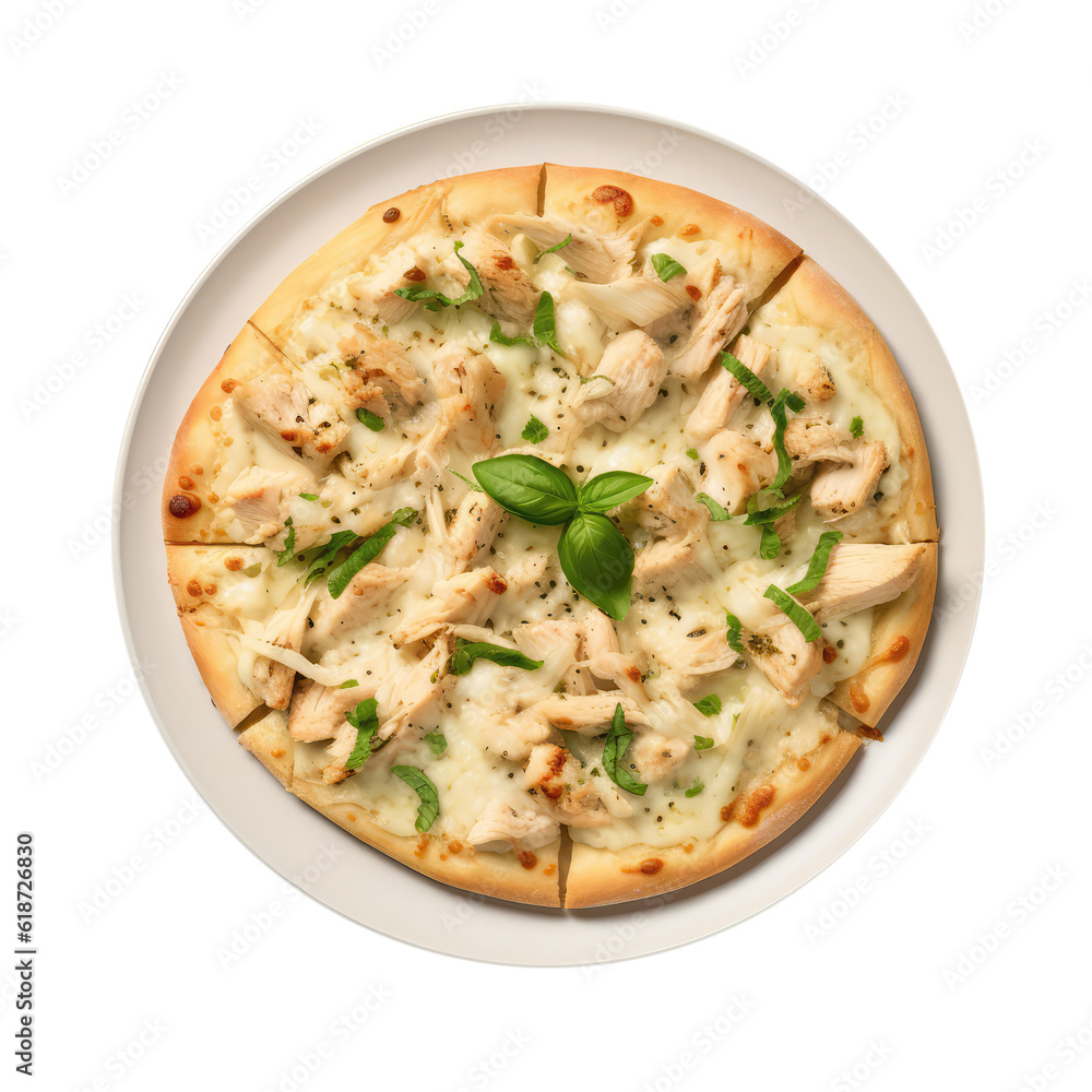 Chicken Alfredo Pizza On White Plate On Isolated Transparent Background, Png. Generative AI Chicken Alfredo Pizza On White Plate On Isolated Transparent Background, Png. Generative AI