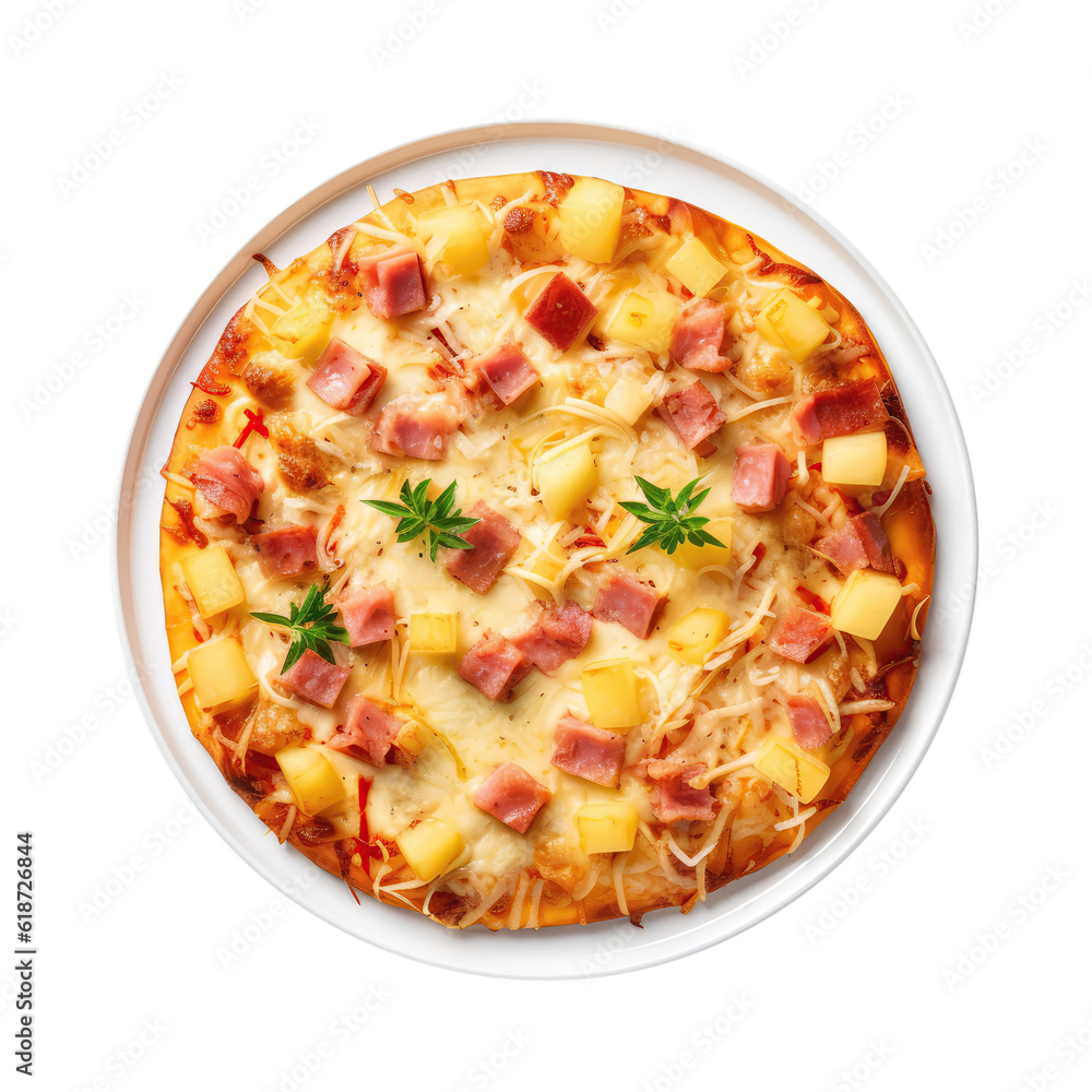 Hawaiian Pizza On White Plate On Isolated Transparent Background, Png. Generative AI Hawaiian Pizza On White Plate On Isolated Transparent Background, Png. Generative AI