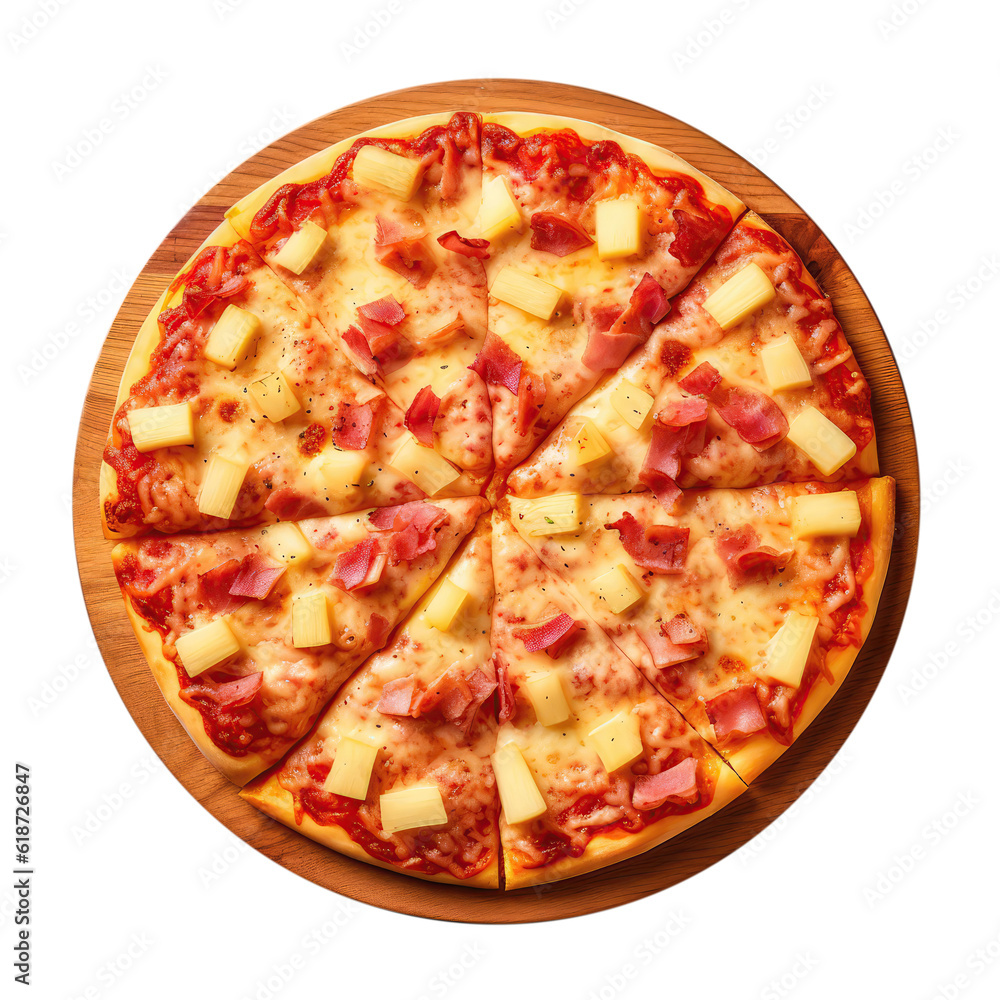Hawaiian Pizza On Round Wooden Board Plate On Isolated Transparent Background, Png. Generative AI Hawaiian Pizza On Round Wooden Board Plate On Isolated Transparent Background, Png. Generative AI
