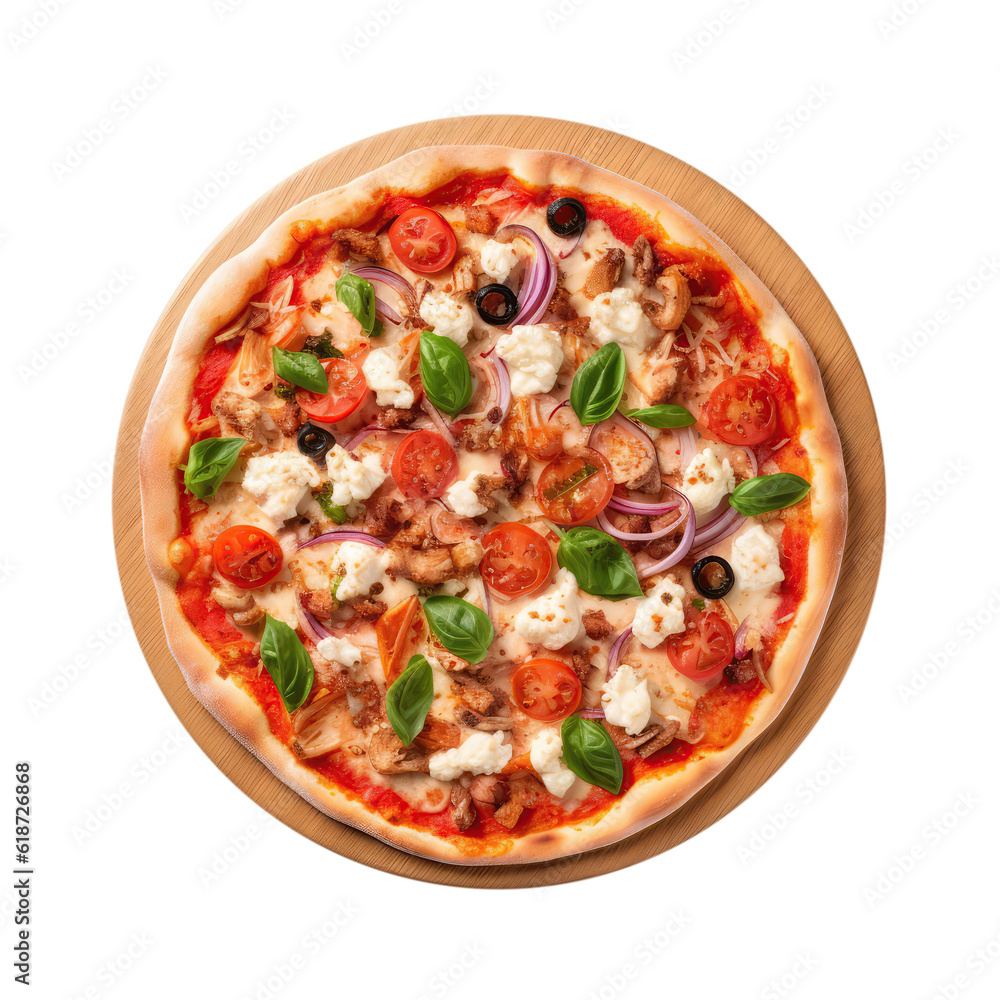 Mediterranean Pizza On Round Wooden Board Plate On Isolated Transparent Background, Png. Generative AI Mediterranean Pizza On Round Wooden Board Plate On Isolated Transparent Background, Png. Generative AI