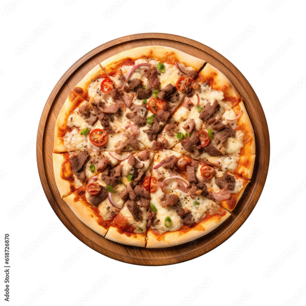 Meat Lovers Pizza On Round Wooden Board Plate On Isolated Transparent Background, Png. Generative AI Meat Lovers Pizza On Round Wooden Board Plate On Isolated Transparent Background, Png. Generative AI