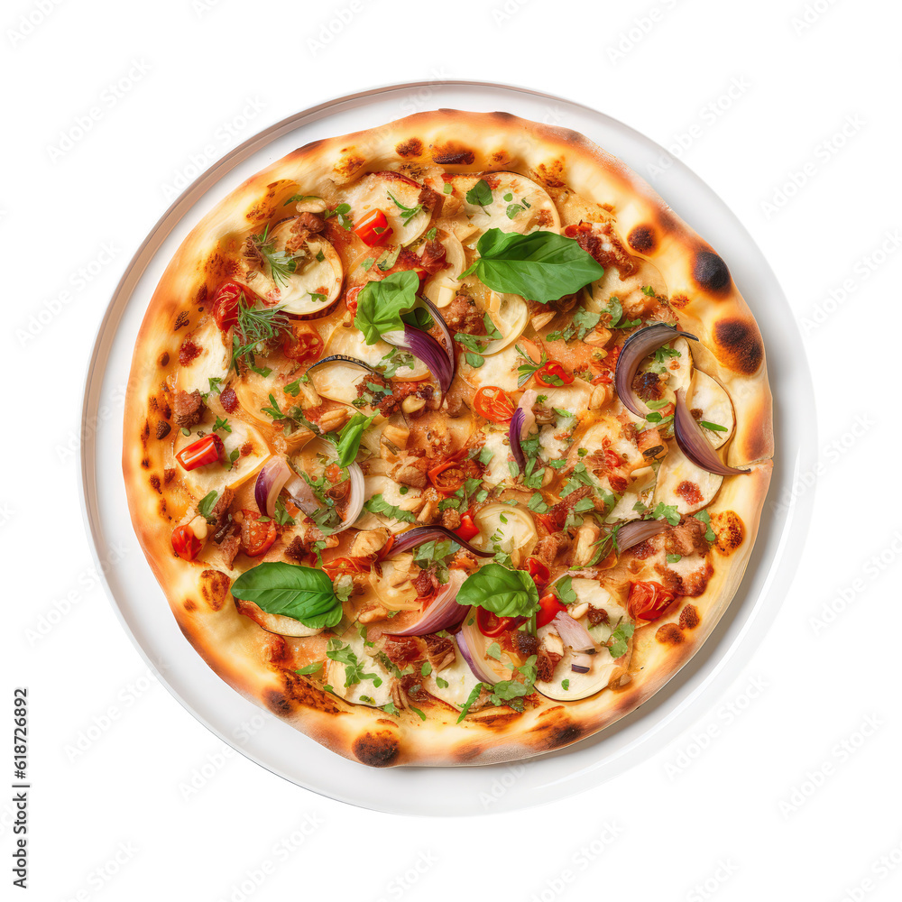 Mediterranean Pizza On White Plate On Isolated Transparent Background, Png. Generative AI Mediterranean Pizza On White Plate On Isolated Transparent Background, Png. Generative AI
