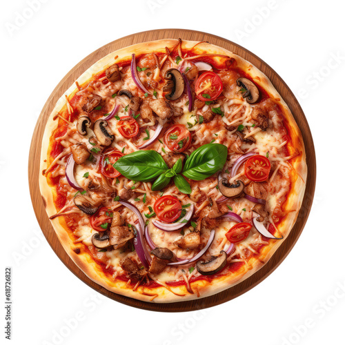 Capricciosa Pizza On Round Wooden Board Plate On Isolated Transparent Background, Png. Generative AI