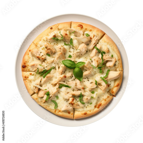 Chicken Alfredo Pizza On White Plate On Isolated Transparent Background, Png. Generative AI