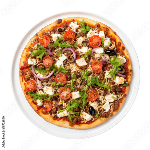 Greek Pizza On White Plate On Isolated Transparent Background, Png. Generative AI