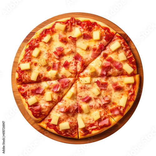 Hawaiian Pizza On Round Wooden Board Plate On Isolated Transparent Background, Png. Generative AI