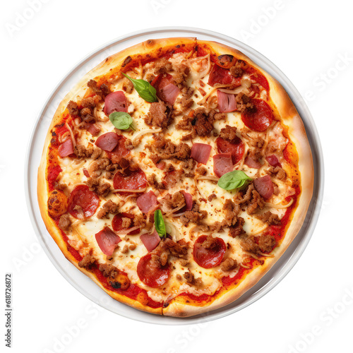 Meat Lovers Pizza On White Plate On Isolated Transparent Background, Png. Generative AI