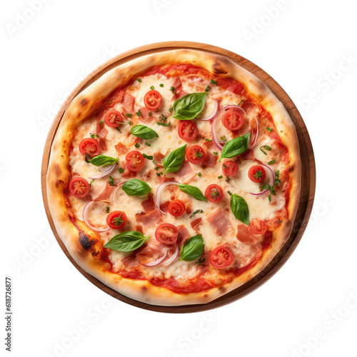 Neapolitan Pizza On Round Wooden Board Plate On Isolated Transparent Background, Png. Generative AI