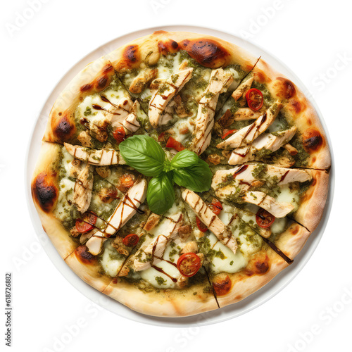 Pesto Chicken Pizza On White Plate On Isolated Transparent Background, Png. Generative AI photo
