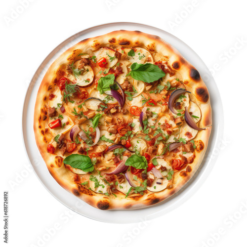 Mediterranean Pizza On White Plate On Isolated Transparent Background, Png. Generative AI