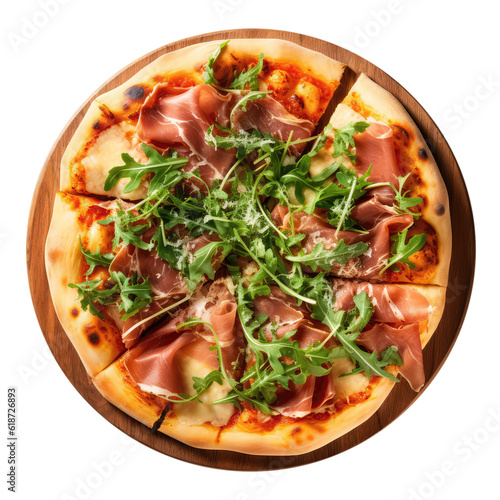 Prosciutto And Arugula Pizza On Round Wooden Board Plate On Isolated Transparent Background, Png. Generative AI