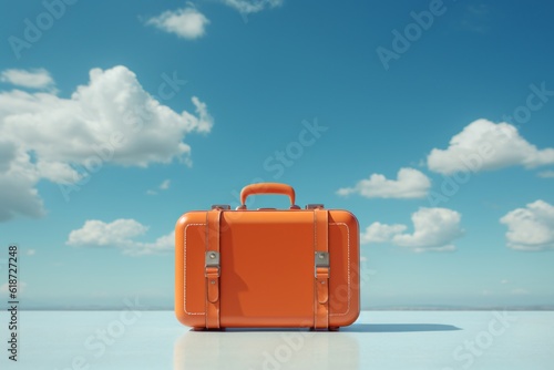 Orange suitcase in the sky Travel and vacation concept