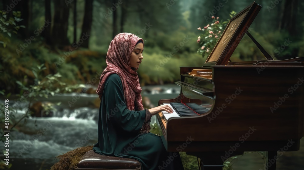 Fototapeta premium Young woman playing piano at nature
