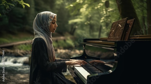 Young woman playing piano at nature photo