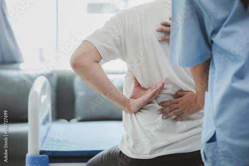 A professional physiotherapist is doing stretching for a patient, the patient has muscle dysfunction due to hard work, most often an office worker who has problems sitting for long periods of time.