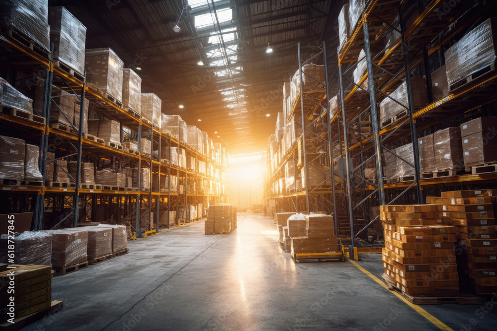 This photo captures a detailed and precise scene inside a spacious warehouse. The camera brings out the elements and features of the warehouse, showcasing its size and organization. Generative AI. This photo captures a detailed and precise scene inside a spacious warehouse. The camera brings out the elements and features of the warehouse, showcasing its size and organization. Generative AI.