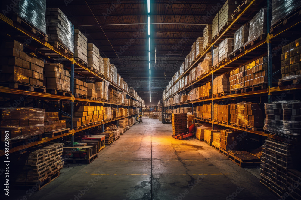 This photo captures a detailed and precise scene inside a spacious warehouse. The camera brings out the elements and features of the warehouse, showcasing its size and organization. Generative AI. This photo captures a detailed and precise scene inside a spacious warehouse. The camera brings out the elements and features of the warehouse, showcasing its size and organization. Generative AI.