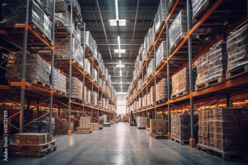 Wallpaper Mural This photo captures a detailed and precise scene inside a spacious warehouse. The camera brings out the elements and features of the warehouse, showcasing its size and organization. Generative AI. Torontodigital.ca