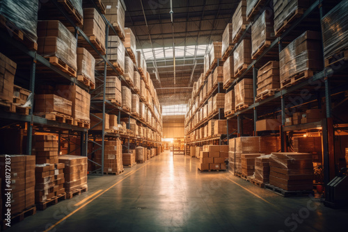 This photo captures a detailed and precise scene inside a spacious warehouse. The camera brings out the elements and features of the warehouse, showcasing its size and organization. Generative AI.