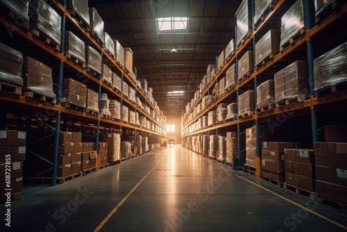 This photo captures a detailed and precise scene inside a spacious warehouse. The camera brings out the elements and features of the warehouse, showcasing its size and organization. Generative AI.