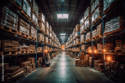 This photo captures a detailed and precise scene inside a spacious warehouse. The camera brings out the elements and features of the warehouse  showcasing its size and organization. Generative AI.