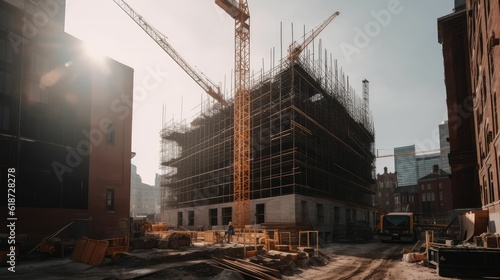 Crane and building construction site
