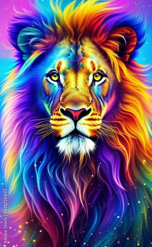 From the front view, the lion in the illustration displayed a mesmerizing palette of colors in its fur, creating a captivating and visually striking image.