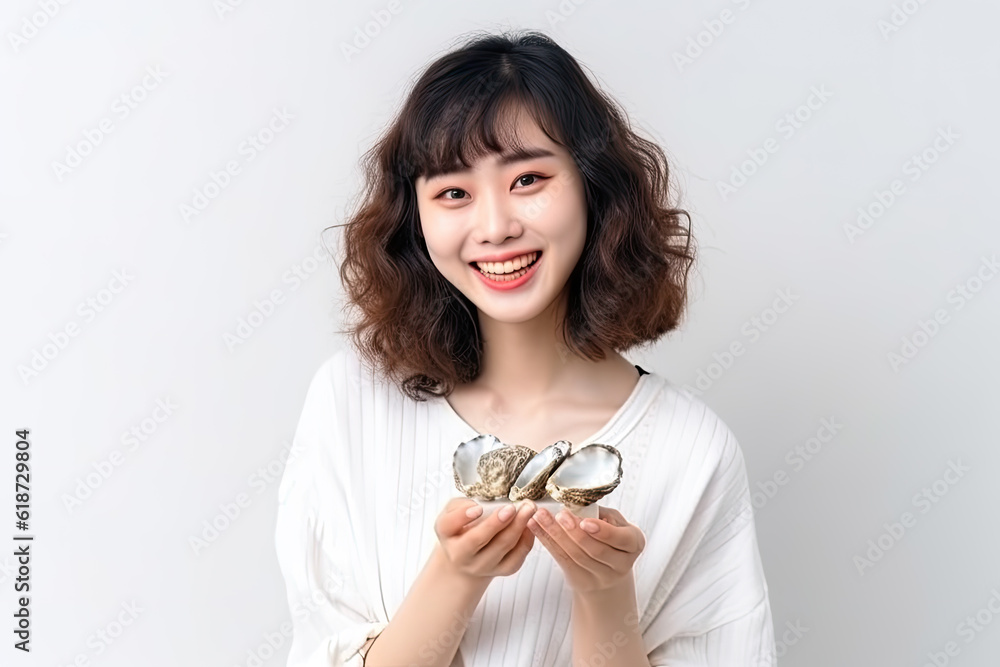 Asian Girl holds a serving of fresh large oysters Asian Girl holds a serving of fresh large oysters
