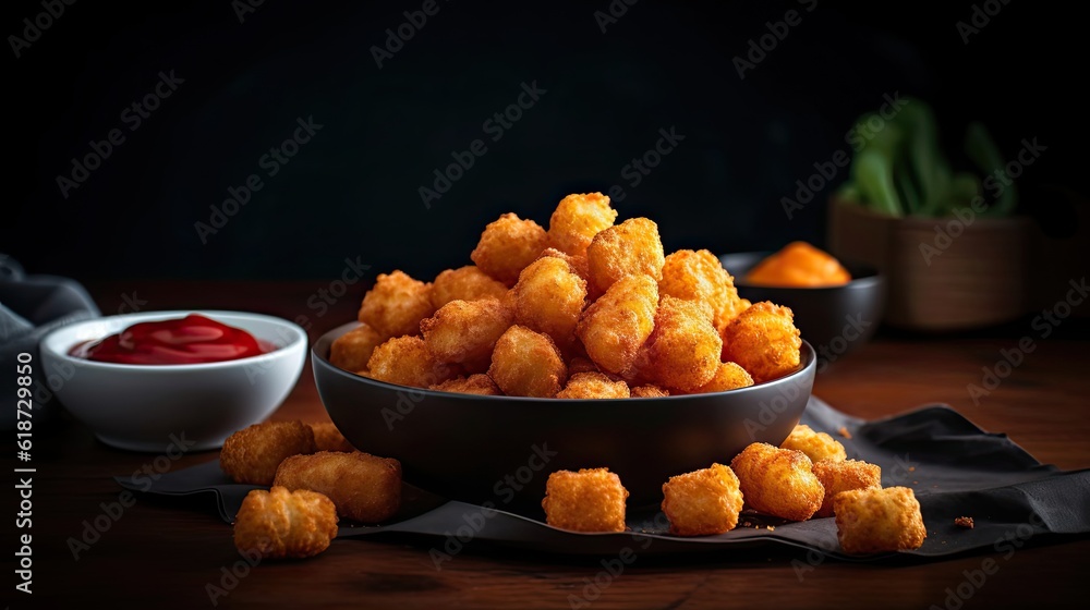 Tater Tots with soy sauce on a blur background