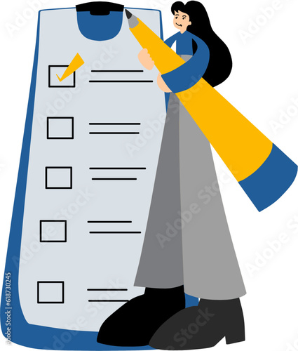 illustration vector graphic of woman checking giant checlist. Fit for task management, business planning, time management, business operations, business productivity photo