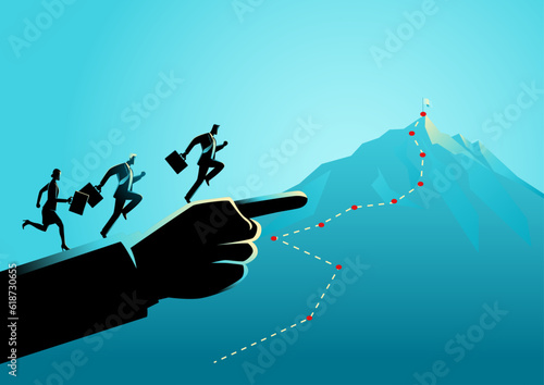 Business concept illustration of businessmen and a businesswoman running on giant hand pointing at the mountain, leadership, motivation in business