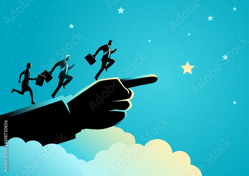 Business concept illustration of businessmen and a businesswoman running on giant hand pointing to the stars, leadership, motivation in business