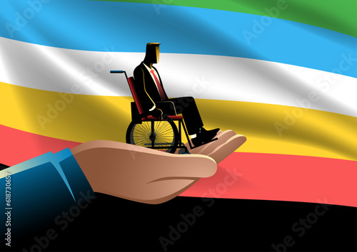 Giant hand holding a businessman in a wheelchair with Disability Pride Month flag as the background, corporate support for disability employee concept
