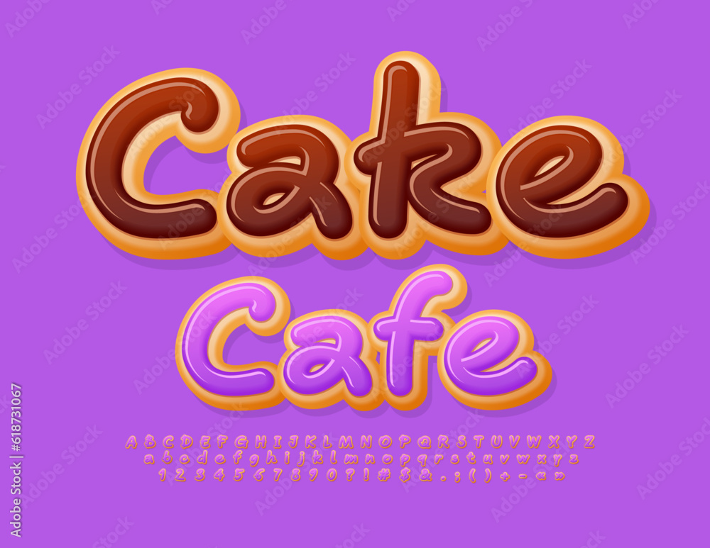Vector tasty Signboard Cake Cafe.   Funny handwritten Font. Sweet Donut Alphabet Letters and Numbers