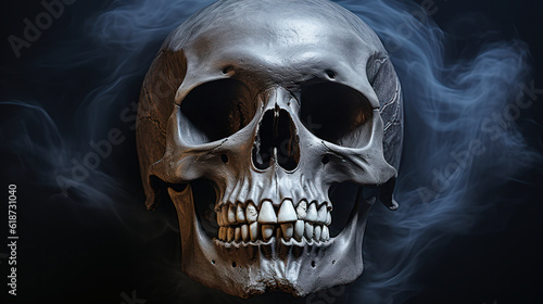 Morbid Silence: Eerie Human Skull on Somber Black Background