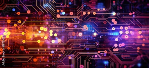 VIvid abstract electronic circuitry background. Generative AI based.