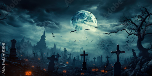 Night of the Undead: Zombie Rising from a Spooky Graveyard in a Halloween Banner