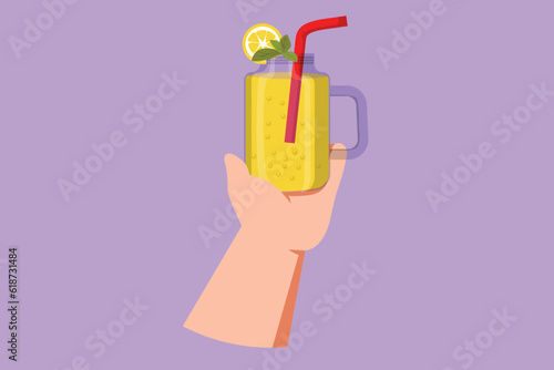 Cartoon flat style drawing freshly squeezed lemon-orange juice with ice with mint leaves in female hands. Woman holding vintage mug with citrus cool lemonade drink. Graphic design vector illustration