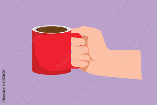 Cartoon flat style drawing human hand is holding a ceramic cup with coffee or tea. Hand holds a hot mug by the handle. Relax time in the morning. Coffee break icon. Graphic design vector illustration