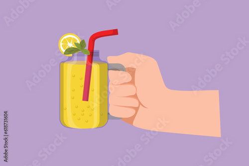 Character flat drawing stylized hand holding smoothie juice in glass cup with fruit slice on top. Cold soft drink for summer. Healthy beverage icon. Vitamin C food. Cartoon design vector illustration