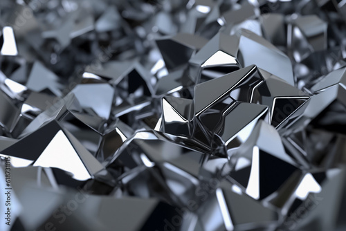 3d illustration  grunge background  many soaring silver triangular pyramids. Abstract silver pyramids background. Generative AI.