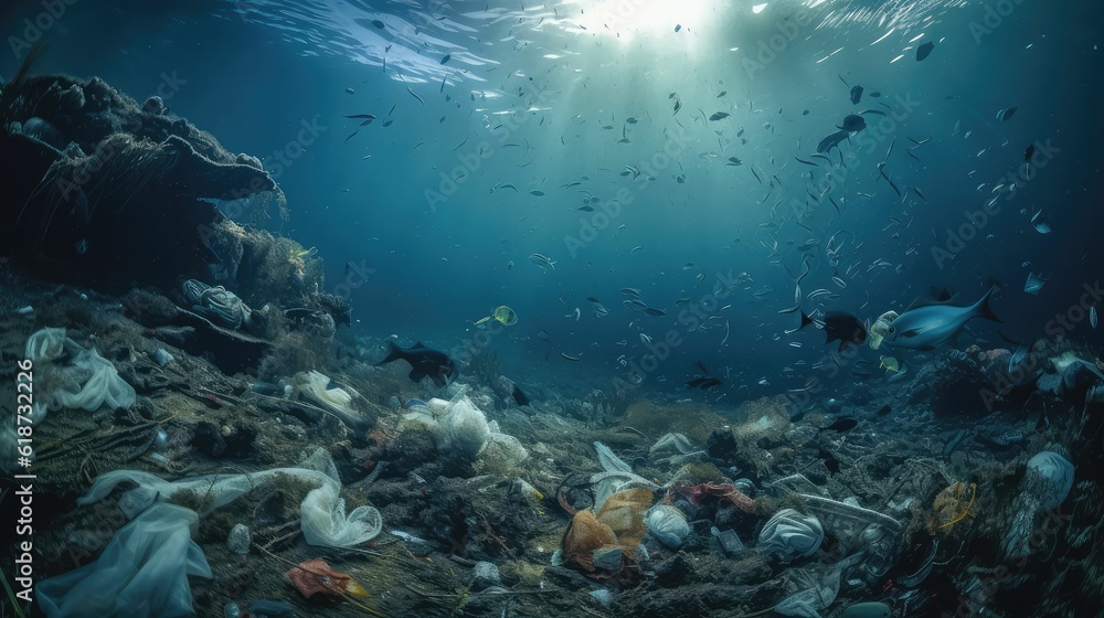 Naklejka premium Plastic and other debris floats underwater in blue water. Plastic garbage polluting seas and ocean