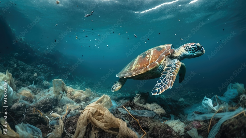 Plastic and other debris floats underwater in blue water. Plastic garbage polluting seas and ocean Plastic and other debris floats underwater in blue water. Plastic garbage polluting seas and ocean