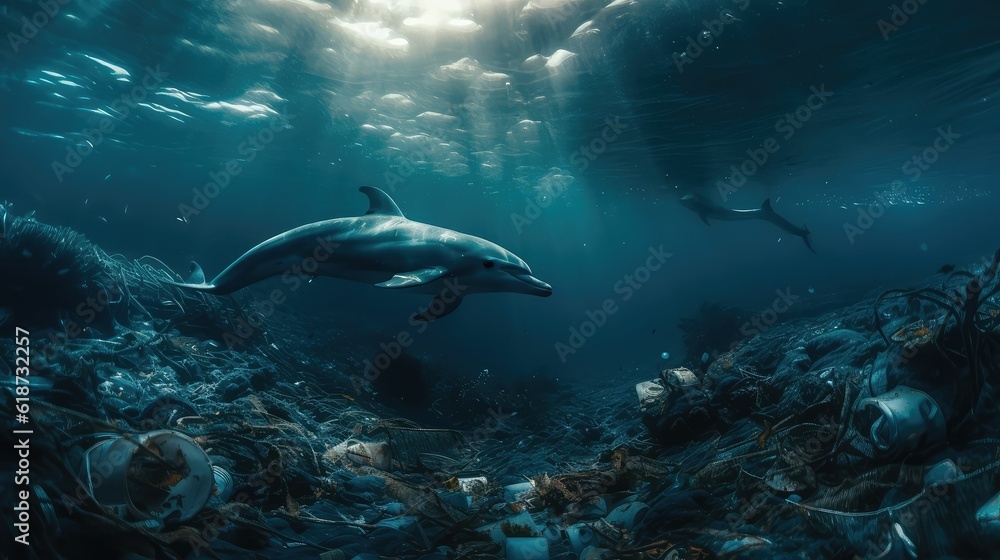 Obraz premium Plastic and other debris floats underwater in blue water. Plastic garbage polluting seas and ocean