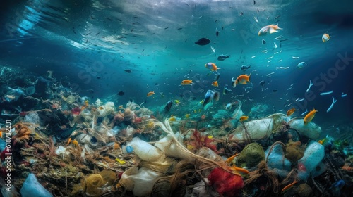 Plastic and other debris floats underwater in blue water. Plastic garbage polluting seas and ocean © jambulart