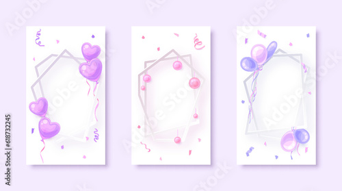 Polygonal frame festive luxury card cute flat set. Pink purple confetti serpentine balloon balls volumetric wedding birthday christmas invitation greeting poster screen saver delicate kawaii isolated