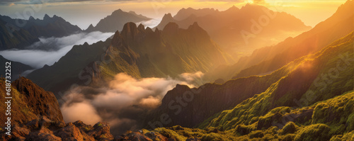 The landscape of the Madeira Mountains with peaks above the clouds. generative ai